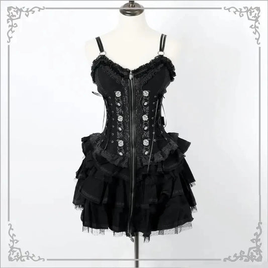 Gothic Lolita Y2K Dress – Vintage Victorian Harajuku Lace Bandage Rose Embroidery Sleeveless Dress for Women