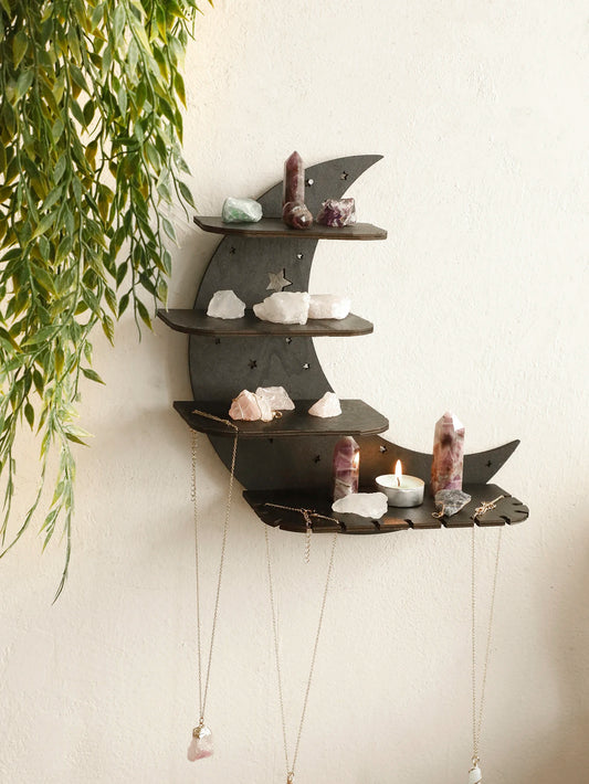 30/39cm Black Moon Wall Shelves – 4-Tier Gothic Floating Shelf for Crystals & Essentials
