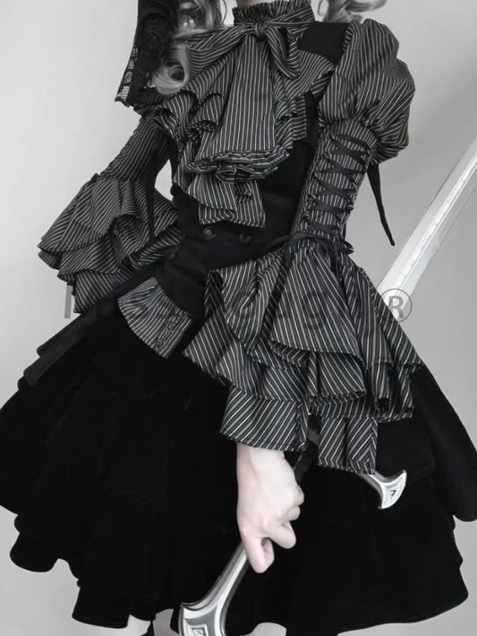 Japanese Gothic Vintage Lolita 3-Piece Set – Striped Blouse, Chic Vest & Fluffy Cake Skirt