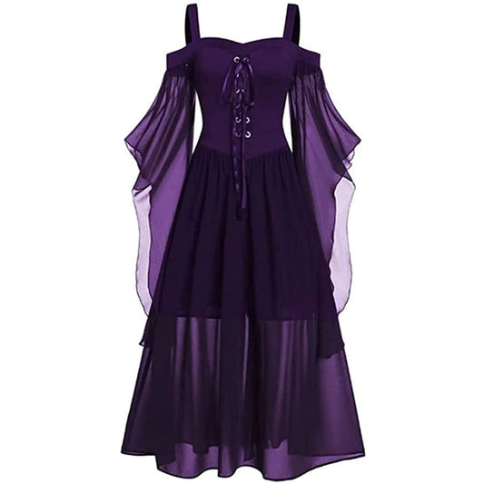 Women’s Vintage Gothic Off-Shoulder Lace-Up Medieval Dress – Halloween Witch Cosplay & Carnival Party Costume