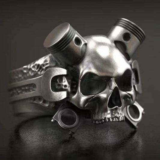 Hip-Hop Retro Steampunk Heavy Skull Ring – Gothic Wrench &amp; Screw Design for Men & Women