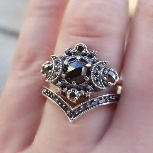 2023 Gothic Universe Moon Ring Set – Vintage Pentagram Jewelry for Women