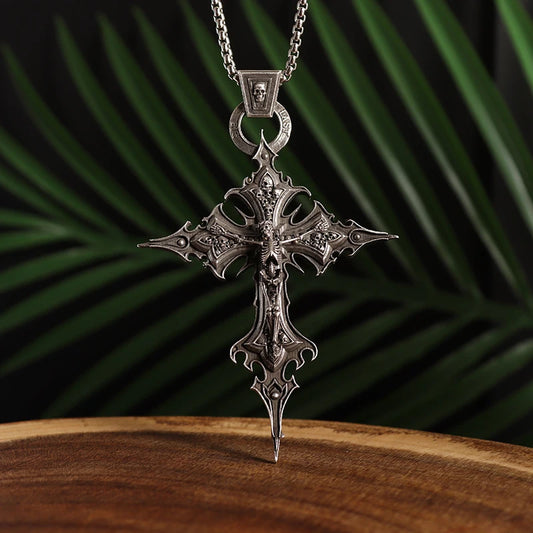 Vintage Gothic Skull Jesus Cross Pendant Necklace – Punk Catholic Amulet for Men