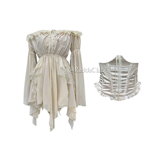REDDACHiC Irregular Ruffle Ribbon Mini Chiffon Dress – Victorian Lace & Satin Waist Trainer