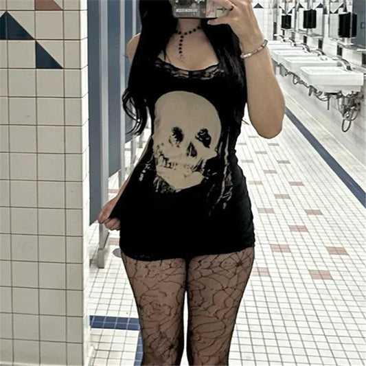 Goth Dark Streetwear Anime Skull Print Mini Dress – Fairy Lace Strap Bodycon Club Outfit for Women