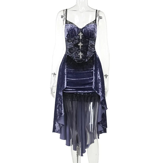 Goth Dark Gorgeous Victorian Velvet A-Line Dress – Elegant Evening Lolita Partywear with Lace Hem