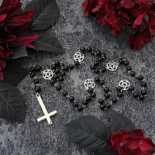 CUSTOMIZABLE Black Rosary with Inverted Stainless Steel Cross & Pentagram – Satanic Black Metal Chain