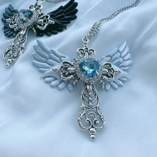 Goth Sexy Wings & Cross Pendant Necklace – Y2K Heart Crystal Choker for Women