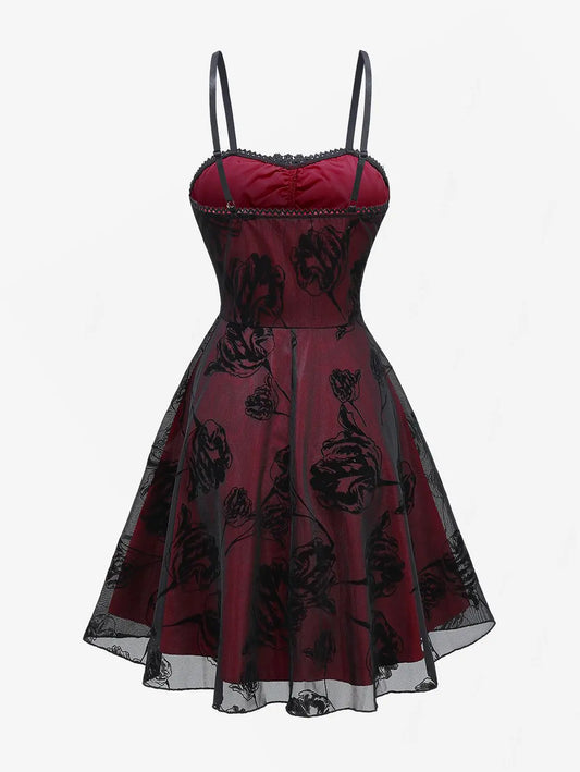 ROSEGAL Women’s Gothic Dress – Vintage Mesh Flocking Applique Layered A-Line Cami Dress