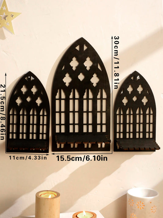3 Pcs Gothic Wooden Hollow Wall Decor – Vintage Cathedral Arch Floating Shelves Set
