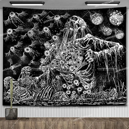 Skull Tapestry with Evil Eye – Black & White Skeleton Wall Hanging for Living Room & Hippie Trippy Home Decor