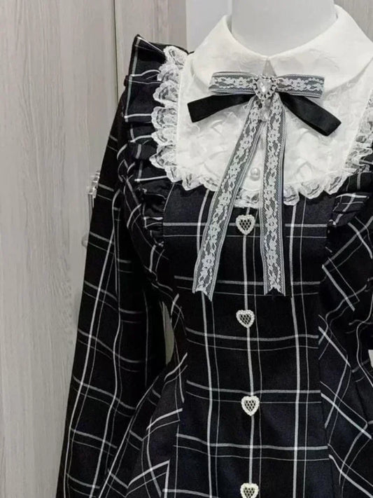 Japanese Fairy Sweet Lace Patchwork Plaid Dress – Kawaii Grunge Long Sleeve Y2K Aesthetic JK Lolita Dress for Women
