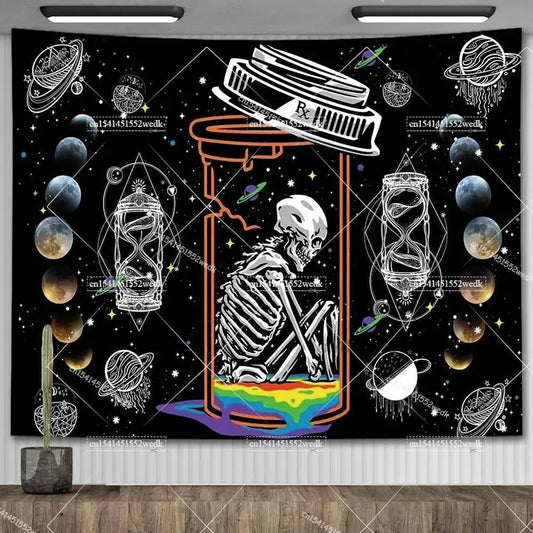 Skull Tapestry with Evil Eye – Black & White Skeleton Wall Hanging for Living Room & Hippie Trippy Home Decor