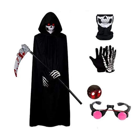 Halloween Kids Red Eyes Grim Reaper Costume – Hooded Cape, Scythe Props, Mask & Gloves