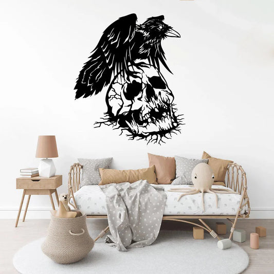 Graffiti Raven with Skull Wall Sticker – Animal Bird Skeleton Vinyl Decal for Playroom, Bedroom & Living Room Home Decor