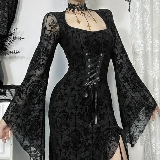 Aesthetic Vintage Flocking Dress – Women’s Mall Gothic Dark Emo Flare Sleeve Square Collar High Waist Bandage Corset Dress