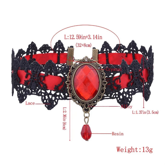 Gothic Sparkling Gemstone Choker – Retro Punk Lace Necklace for Halloween & Vampire Aesthetic