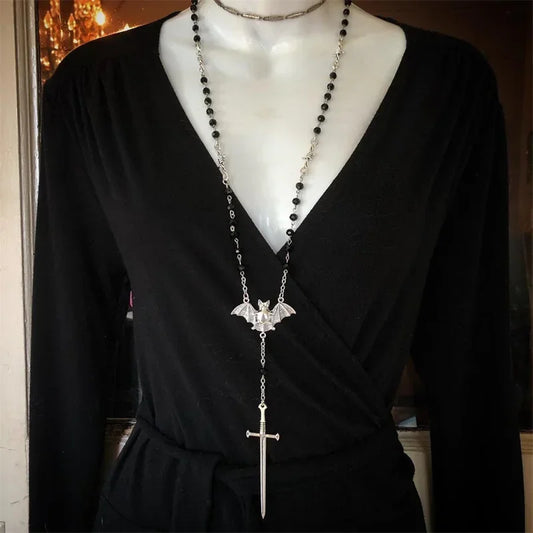 Gothic Occult Witchy Rosary Necklace – Tarot Sword Y2K Bat Beaded Wiccan Magic Jewelry