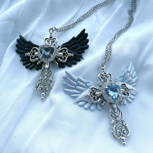 Goth Sexy Wings & Cross Pendant Necklace – Y2K Heart Crystal Choker for Women