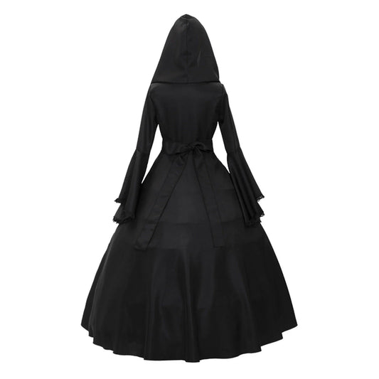 Gothic Medieval Dress – Retro Fashion Big Swing Lace-Up Hooded Dress with Flare Sleeves