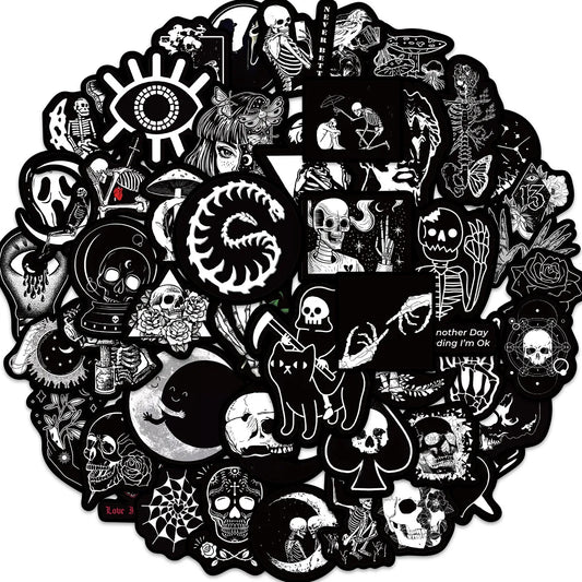 50Pcs Black & White Gothic Graffiti Stickers – Skull DIY Decals for Motorcycle, Laptop, Phone & More