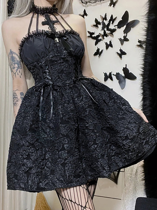 Goth Dark Mall Gothic Emo Jacquard A-Line Dress – Elegant Grunge Punk Black Partywear for Women