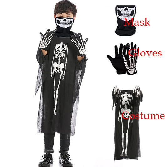 Halloween Scary Skeleton Ghost Cosplay Costume – Masks, Gloves & Full Suit for Adults & Kids