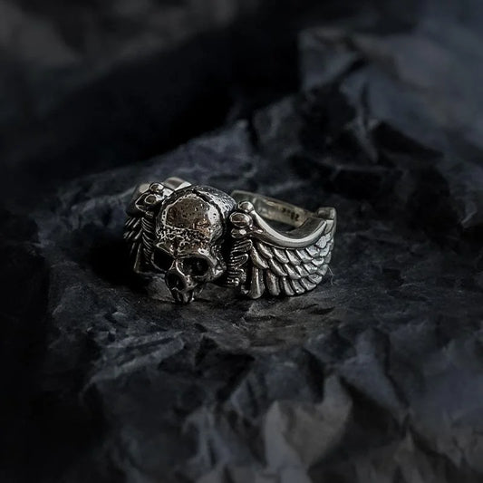Unisex Retro Vintage Hip-Hop Wings Skull Head Opening Ring – Wholesale Available