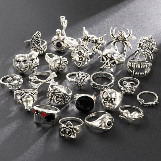 24Pcs/Set Punk Gothic Rings – Silver Skeleton, Spider, Poker, Joker, Eyes & Heart Designs for Men
