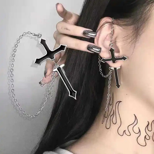 Dark Gothic Sword Earring – Big Cross Ear Piercing Stud for Women & Men