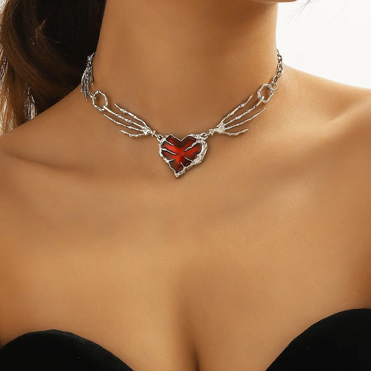 Gothic Skull Claw Heart Necklace – Trendy Red Crystal Thorn Choker for Women