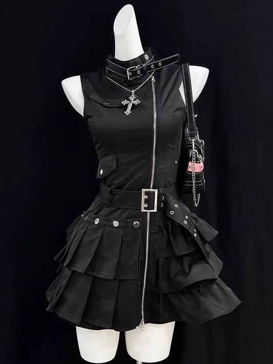 Aesthetic Vintage Slim Sleeveless Black Dress – Women’s Gothic High Street Skinny Ruffle Retro Dress with Belt