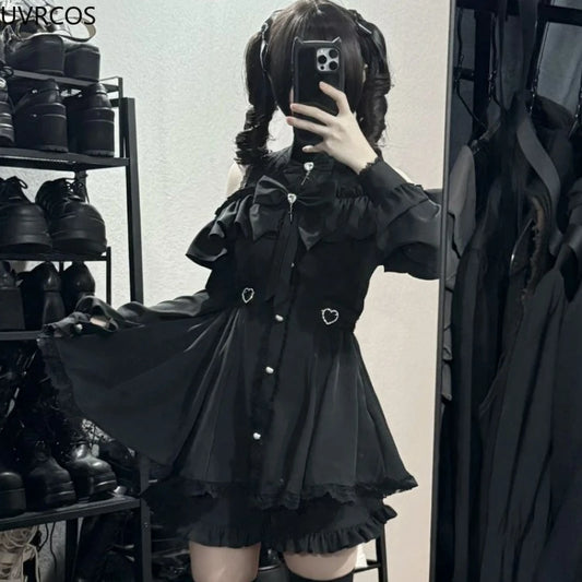 Japanese Gothic Y2K Lolita Style Bow Dress &amp; Shorts Set – Women’s Lace Ruffles Off-Shoulder Button Shirt Dress, Sweet Slim Party Dress