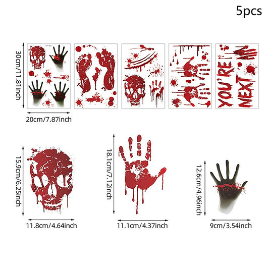 Halloween Blood Handprint Skull Wall Sticker – PVC Self-Adhesive Horror Decoration for Bedroom Background