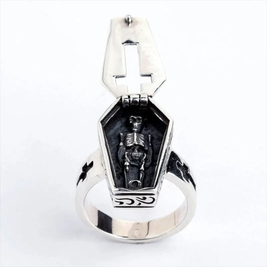 Vintage Halloween Vampire Skull Flip Coffin Ring – Gothic Punk Steam Motorcycle Men’s Jewelry