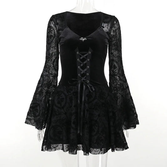 Goth Dark Elegant Vintage Velvet Dress – Grunge Punk Flocked Bandage Dress with Flare Sleeves
