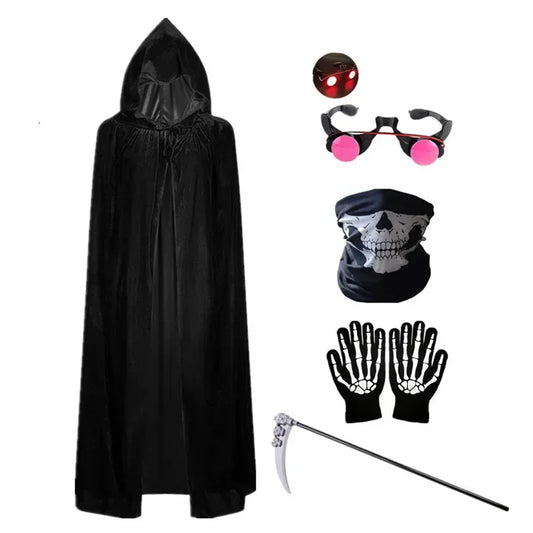 Halloween Kids Red Eyes Grim Reaper Costume – Hooded Cape, Scythe Props, Mask & Gloves
