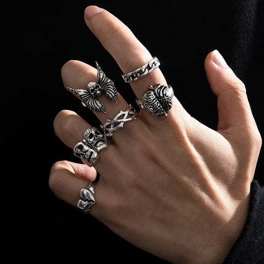 6Pcs Punk Poker Joker Silver Color Rings – Goth Skeleton Billiards Set for Men